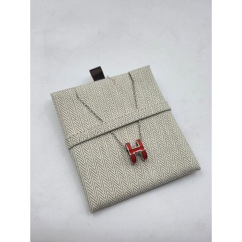 Hermes Red Enamel and Palladium Plated Pop H Pendant Necklace - Picture 11 of 14